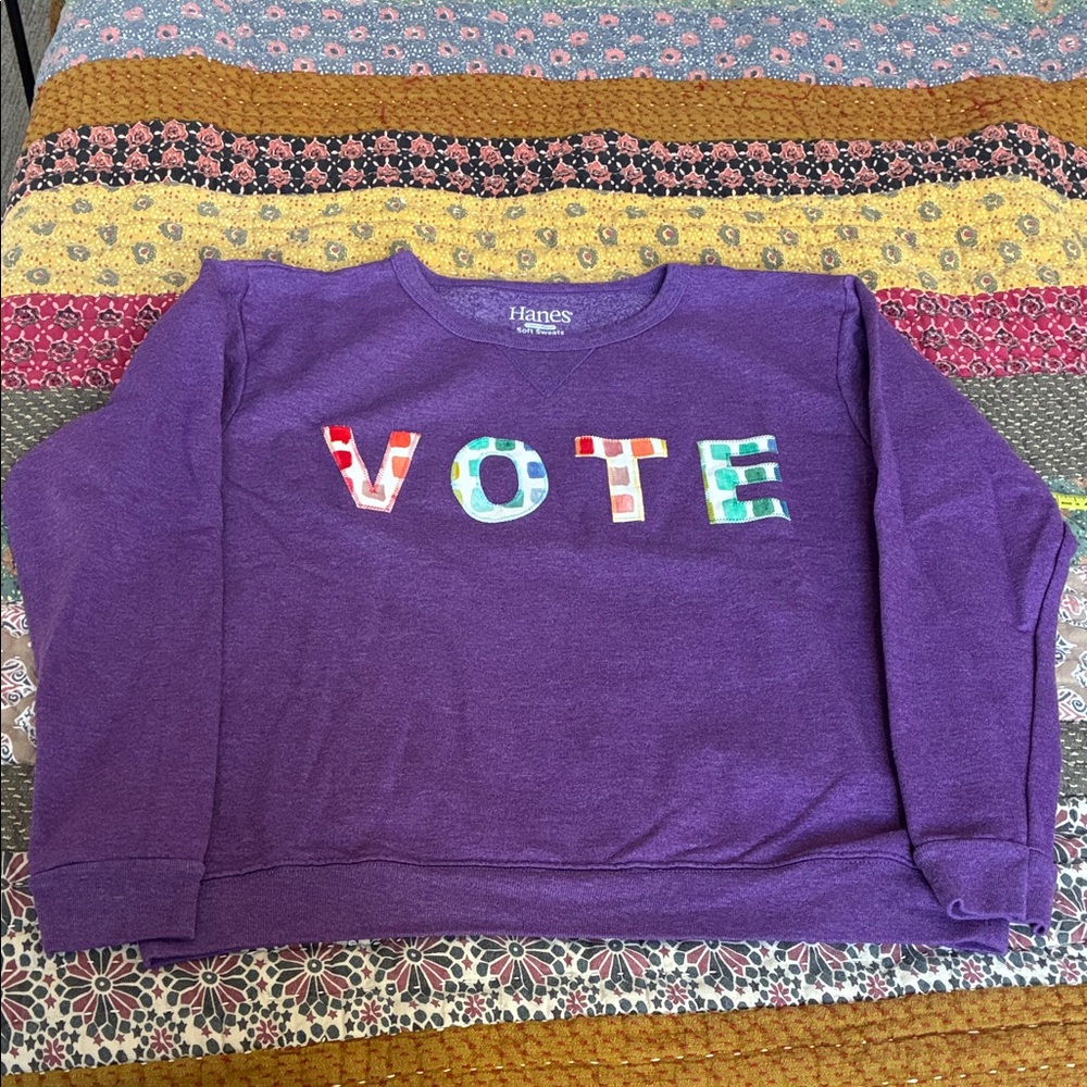 Hanes Purple Sweatshirt with Multicolor 'VOTE' Design